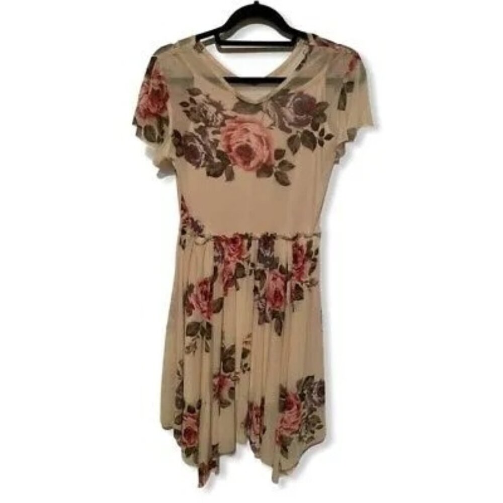 In Girl Floral Dress Cream With Pink & Purple Roses Size 16 Polyester/Spandex